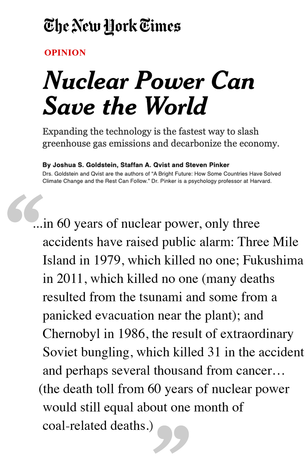 Nuclear Power Can Save the World, from the New York Times